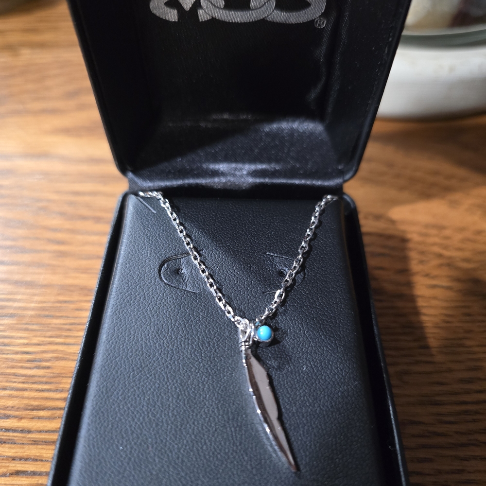 Silver Feather Necklace with Turquoise Accent